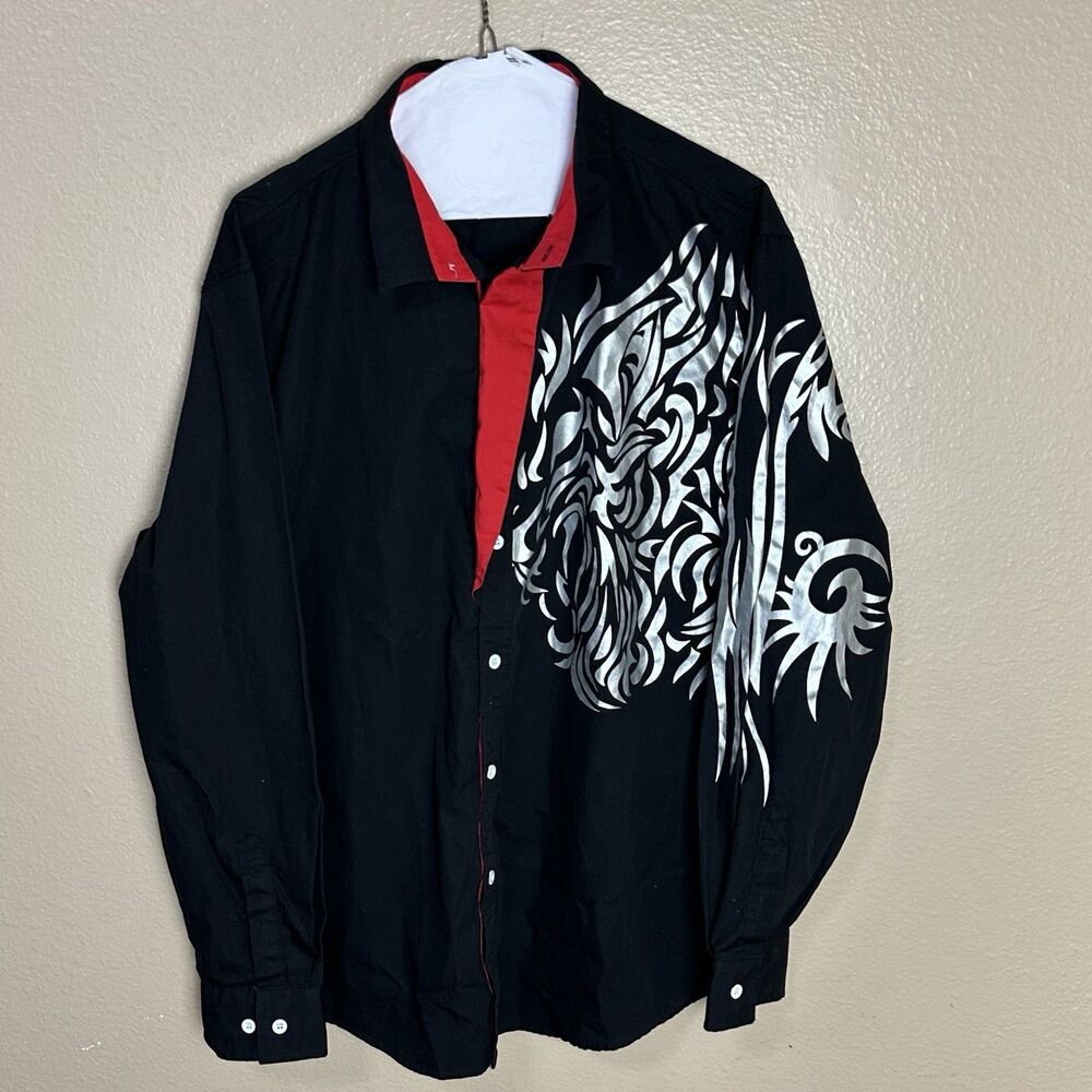 COOFANDY Men’s Long Sleeve Button Up Shirt Size Large Black Red Silver Graphic